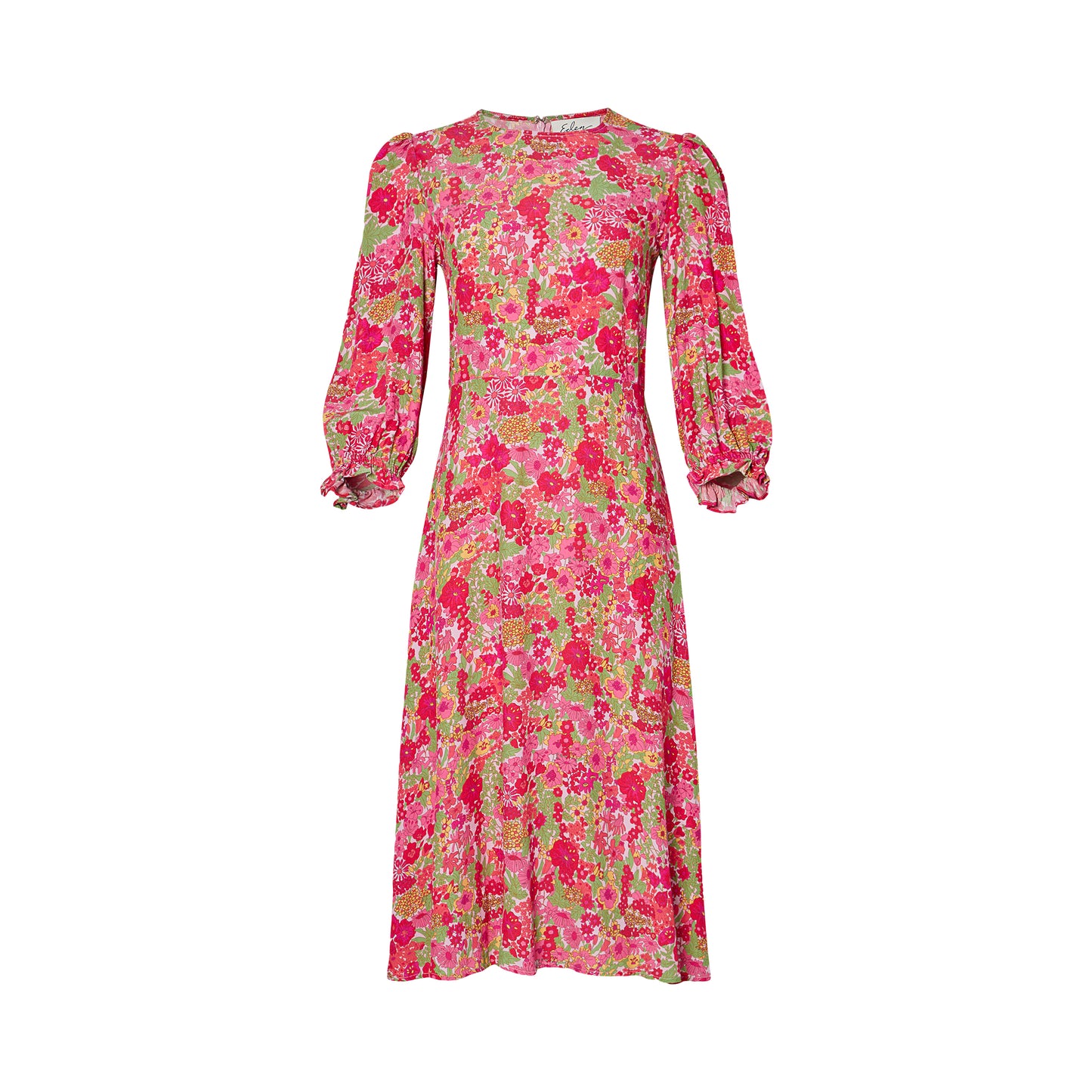 Spring/Summer modest flowy midi dress  medium pink floral pattern three quarter length sleeve