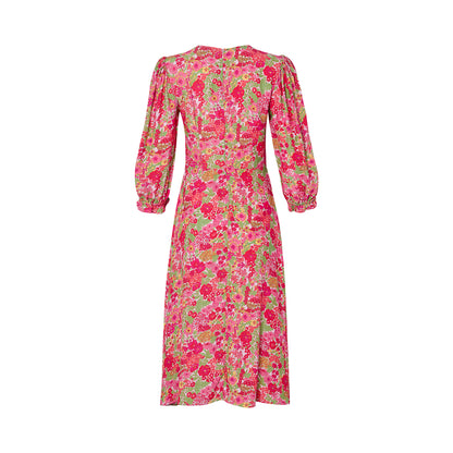 Spring/Summer modest flowy midi dress medium pink floral pattern three quarter length sleeve