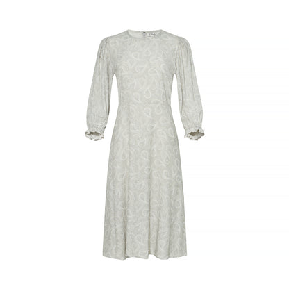 Spring/Summer modest flowy midi dress  light gray paisley pattern three quarter length sleeve