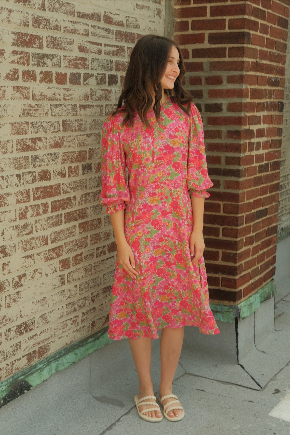 Modest flowy midi dress medium pink floral pattern sleeves cover the elbows