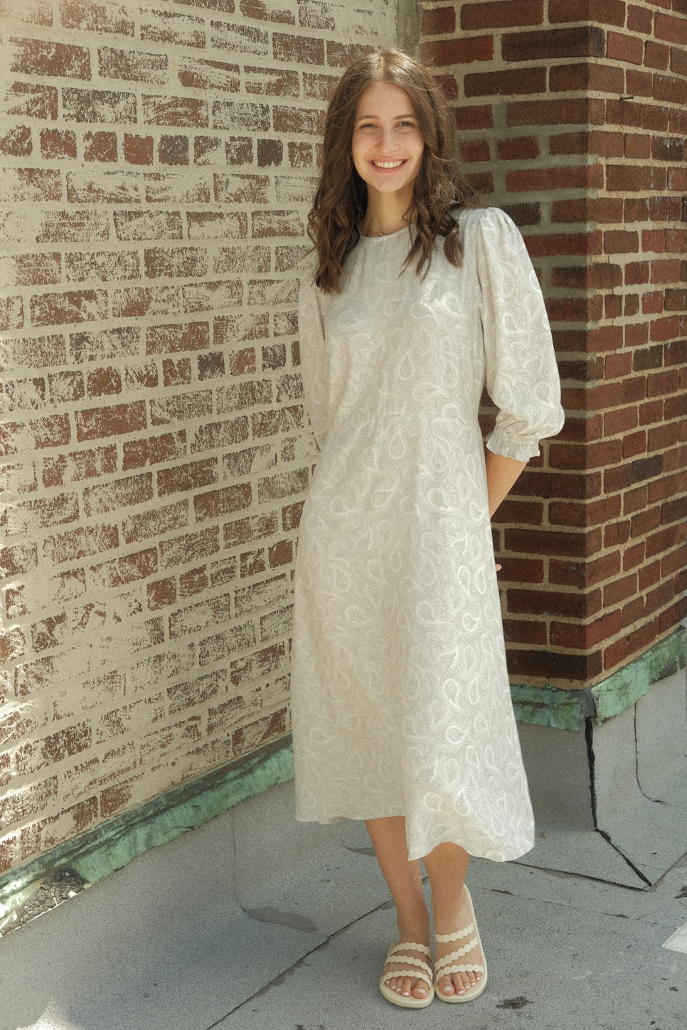 Spring/Summer modest flowy midi dress light gray paisley pattern three quarter length sleeve